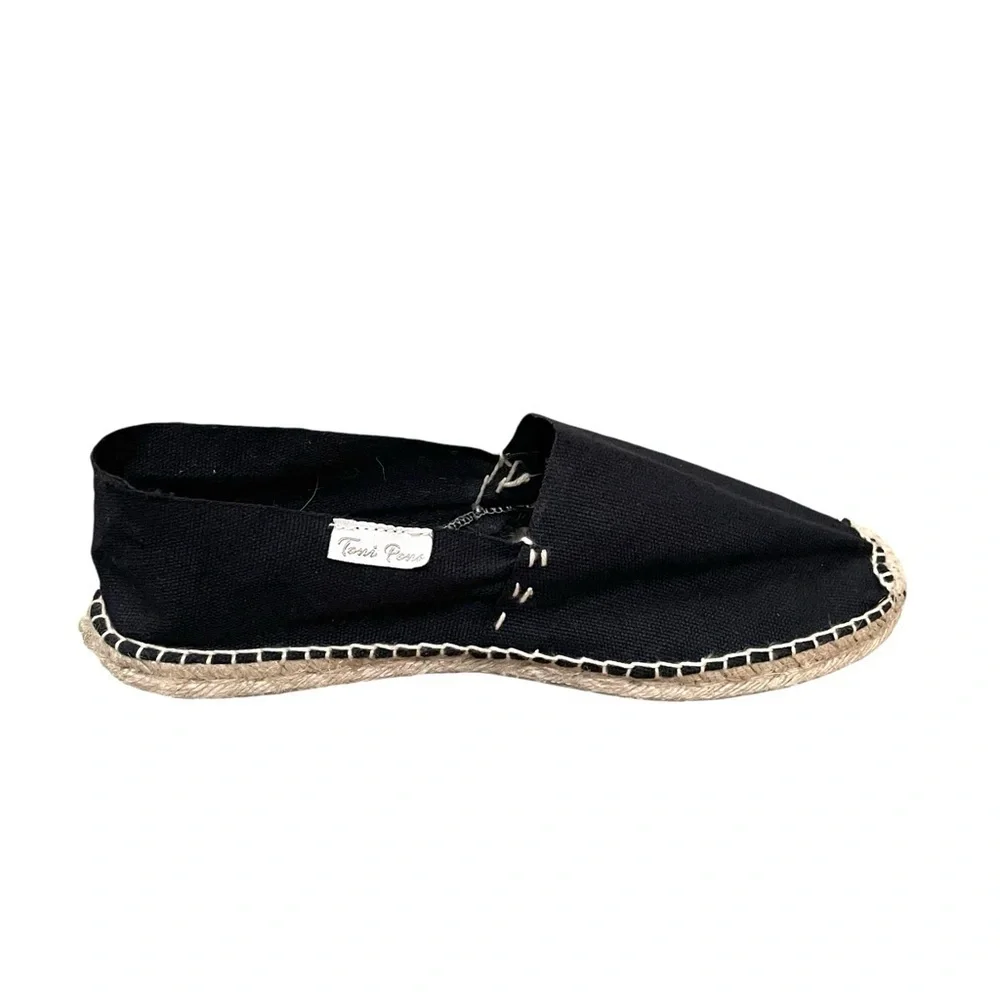 TONI PONS Black Canvas Flat Slip-On Espadrilles Sandals Shoes Black Tan 41